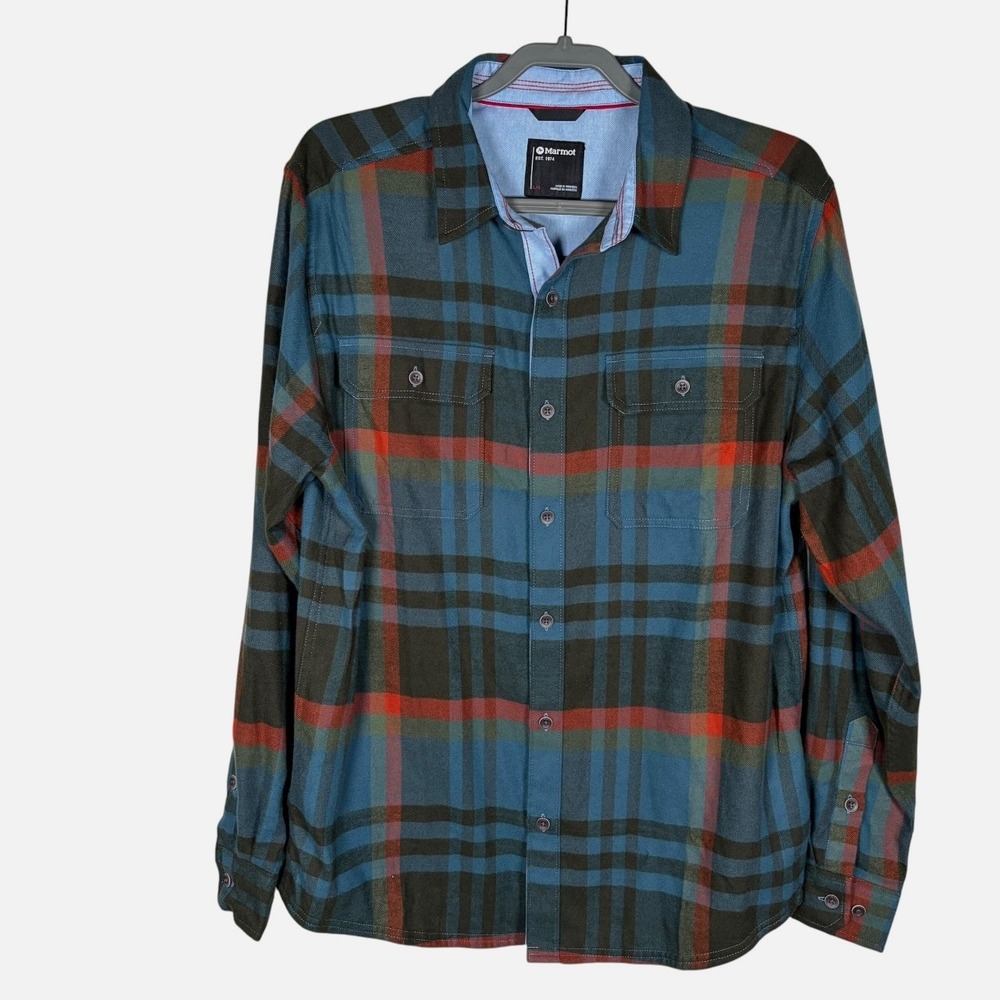 Marmot Del Norte Flannel Shirt Mens L Plaid Flap Pockets Long Sleeve Button Up